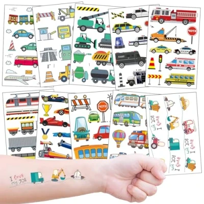 Afbeelding van 10 Vellen Tijdelijke Tatoeages Auto voor Kinderen, Cartoon Car Tattoo Jongens Meisjes Verjaardags Cadeau Party Bag Filler