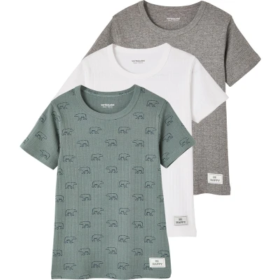 Afbeelding van Vertbaudet Set van 3 jongensshirts geribbeld breiwerk met korte mouwen en beer