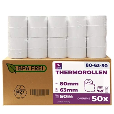 Afbeelding van 5 stuks thermische rollen/bonrollen/kassarollen 80 mm x m 12 (80 12) voor alle gangbare thermopapier kassabonprinters BPA vrij (B: Ø63 50 stuks)