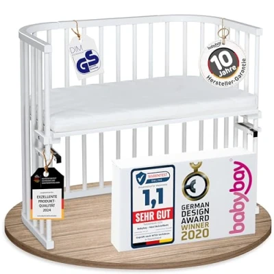 Afbeelding van babybay Maxi met matras Classic Soft extra groot bijzetbed van massief beukenhout/kinderbed hoogte traploos verstelbaar &amp; milieuvriendelijk/meegroeiend babybed (wit gelakt)