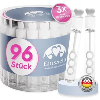Afbeelding van EinsSein 96x bellenblaas bruiloft hartjes Lovegläschen Box wit hartvormig bellen blaas huwelijk met hart handvat wedding bubbles bruiloften buisjes zijn vloeistof gastgeschenk