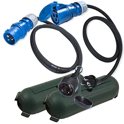 Afbeelding van IntuiFlex CEE Adapter Schuko kabel stekker koppeling beschermbox set 1,5 m campingaccessoires boot camper caravan tuin rubberen H07RN F 3 x 2,5 mm² 230 V 16 A stroomadapter/campingadapter,