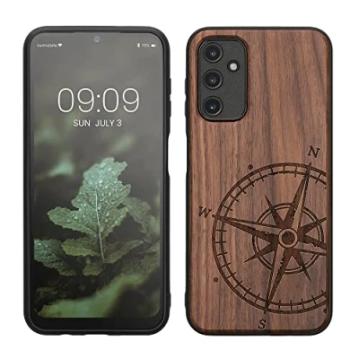 Afbeelding van kwmobile telefoonhoesje geschikt voorSamsung Galaxy A14 5G Hoesje met bumper walnoothout In donkerbruin Vintage Kompas design