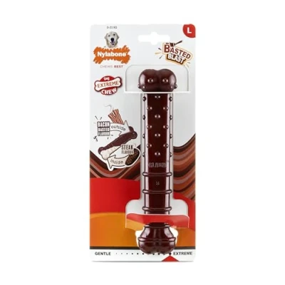Afbeelding van Nylabone, Basted Blast, Extreem sterk kauwspeelgoed, Nylon hondenspeeltje, Botvorm, Duurzaam kauwbot, Smaak: Bacon en steak, Groot, Voor honden tot 23 kg