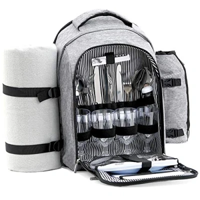 Afbeelding van CampFeuer Picknickrugzak 32 delig Picknickset voor 4 personen met flessenhouder, picknickdeken, koelvak en campingservies (grijs)