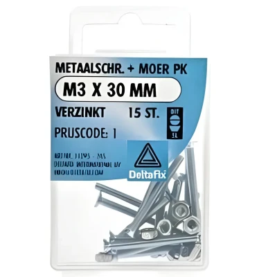 Afbeelding van Deltafix Metaalschroef verzinkt PK + Moer M3 x 30 mm 15 stuks