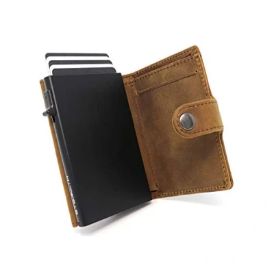 Afbeelding van STEALTH Wallet Slanke Lichtgewicht Minimalistische Kaarthouder Portemonnee Compacte RFID Blokkerende Pop up Portemonnees Kaarthouders (Zwart Aluminium met Bruin Crazy Horse leer en Muntzakje)
