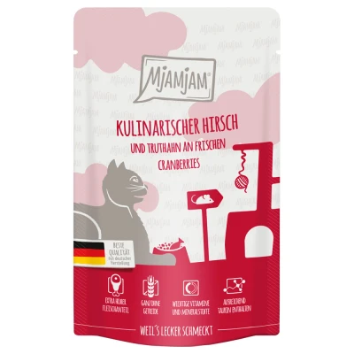 Afbeelding van 12x 125g MjAMjAM Culinair hertenvlees en kalkoen op verse veenbessen Nat Kattenvoer