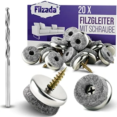 Afbeelding van Filzada® 20x viltglijders schroeven Ø 22 mm professionele stoelglijders/stoelpootbeschermers vilt met schroef incl. boor