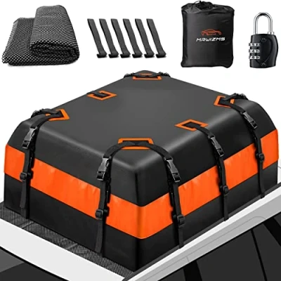 Afbeelding van XL dakkoffer, 585 liter, daktas, 840D waterdichte dakbagagedrager, bagagebox voor alle voertuigen met/zonder bagagedrager (oranje/zwart, 5 kubieke voet)