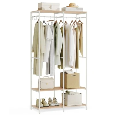 Afbeelding van SONGMICS Open kledingkast, kledingrek, kledingstandaard met kledingstang, planken, afneembare haken, 40 x 94,5 180 cm, natuurlijk beige RGR004W67