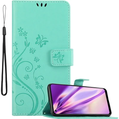Afbeelding van Cadorabo Hoesje geschikt voor Realme 7 5G in BLOEMEN TURKOOIS Beschermhoes bloemmotief met magnetische sluiting, standfunctie en kaartsleuven Book Case Cover Etui