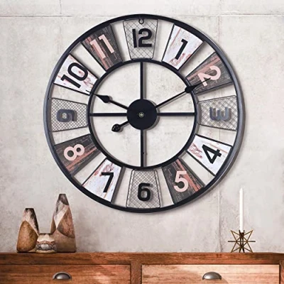 Afbeelding van Lafocuse Stille Retro Zwarte ​Grote Wandklok 60 cm Metaal Landelijke Arabische Cijfers Rond Analoog Muurklok voor Woonkamer Slaapkamer Bar Hotel