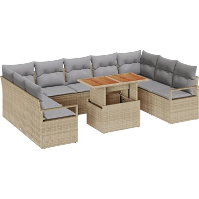 Afbeelding van vidaXL 10 Delige Tuin Sofa Set met Kussens Beige Poly Riet Acacia, 2 Zits