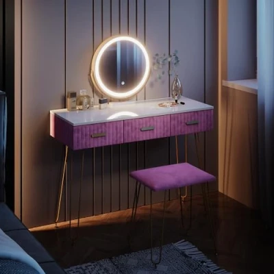 Afbeelding van Vicco Make uptafel set met kruk &quot;Layla&quot;, Roze/Wit, 100 cm LED verlichting en