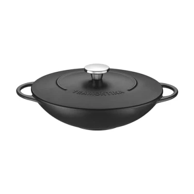 Afbeelding van Tramontina Zwarte geëmailleerde gietijzeren wok 32 cm (5 liter) binnen en buiten gebruik