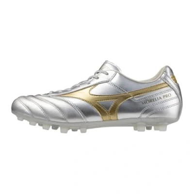 Afbeelding van Mizuno Morelia II PRO Voetbalschoenen met kunststof noppen, Heren, Maat: 42.5, Galaxy silver/gold/gold Leer/ synthetisch
