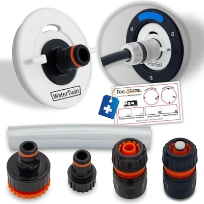 Afbeelding van MaJoCompTec® WATERTWIN Tankdeksel met wateraansluiting, watertankdeksel, vuladapter voor watervulopening, camper en caravanaccessoires (ECO versie + starterset, adapter 3 pins D: 78)