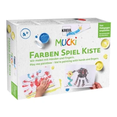 Afbeelding van KREUL 29101 Mucki vingerverf, kleurspeeldoos, we schilderen met handen en vingers, 5 x 50 ml 2 kleine blikjes, wiebelogen, houten stokjes 10 schildersjablonen