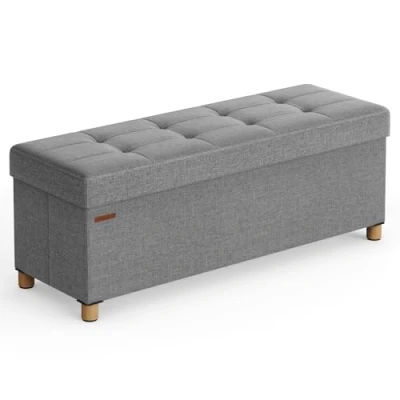 Afbeelding van SONGMICS Zitkruk met opbergruimte, inklapbare zitbank poten, 38 x 110 40 cm voetenbank, opbergdoos, tot 300 kg belastbaar, voor woonkamer, slaapkamer, hal, duifgrijs LSF018G12
