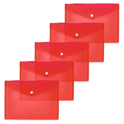 Afbeelding van HERMA 20054 documentenmappen DIN A5 (25 x 18 cm, polypropyleen, 5 stuks) transparante kijkzakken met drukknop voor school, universiteit, kantoor, PP enveloppen in rood