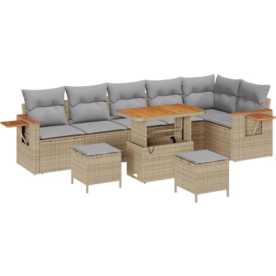 Afbeelding van vidaXL 9 delige Tuin Sofa Set met Kussens Beige Riet Acacia, 3 Eetset Acacia