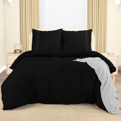 Afbeelding van Utopia Bedding Dekbedovertrekset Microvezel Polyester Dekbedovertrek 200x200 cm + 2 Geborduurde Kussenslopen 80x80 Zwart