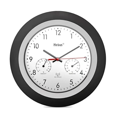 Afbeelding van MEBUS Funk Wanduhr mit Thermometer und Hygrometer/schwarzer Rahmen/weißes Zifferblatt / 29cm Durchmesser/Rund/Modell: 19449 Farbe: Schwarz, Weiß
