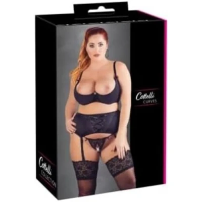 Afbeelding van Cottelli Plus Size Jarretel Set met Open Lingerie voor Stoute Avonden Maat 95D/2XL Zwart
