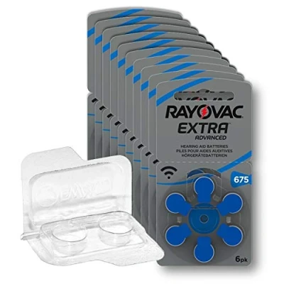 Afbeelding van 60x Rayovac Extra Advanced 675 gehoorapparaat batterijen 10 x 6 stuks blister PR44 blauw 24600 + opbergdoos voor 2 (10, 13, 312, 675), batterijbox knoopcellen tot 12 mm (Ø