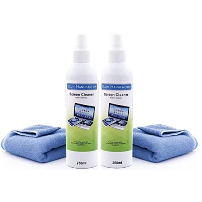Afbeelding van Blum 2x 250ml schermreiniger + microvezeldoekje 30x30 cm. Perfecte reiniging van alle schermen en displays. Striploos zonder strepen.