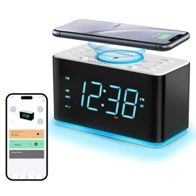 Afbeelding van iTOMA Radiowekker, 15 watt draadloze oplader, app bediening, Bluetooth, USB aansluiting, dubbel alarm, snooze, dimmer, 1,4 inch display, ijsblauw led nachtlampje CKS207 (207A)