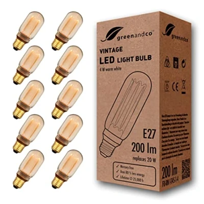 Afbeelding van 10x greenandco® Vintage Design LED lamp in retro stijl voor sfeerverlichting E27 T45 Edison lamp, 4W 200lm 1800K extra warm wit 320 230V flikkervrij, niet dimbaar