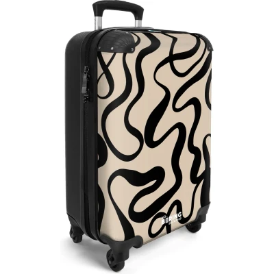 Afbeelding van NoBoringSuitcases.com® Handbagage koffer lichtgewicht Reiskoffer trolley Beige met zwarte abstracte lijnen Rolkoffer wieltjes Past binnen 55x40x20 en 55x35x25
