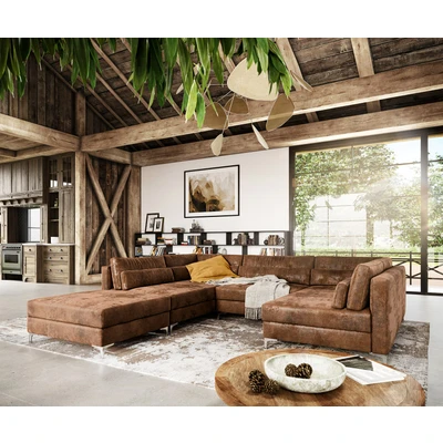Afbeelding van Sofa Elio kunstleer vintage bruin 300x185 cm met poef woonlandschap