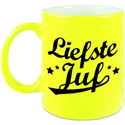 Afbeelding van Liefste juf beker / mok neon geel 330 ml afscheidscadeau bedankt cadeau feest mokken