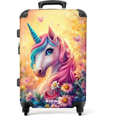 Afbeelding van NoBoringSuitcases.com® Kinderkoffer meisje Kindertrolley meisjes Eenhoorn met kleurrijke bloemen Koffer kind groot Rolkoffer lichtgewicht Reiskoffer 4 wielen Grote trolley XL 20 kg bagage