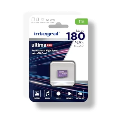 Afbeelding van Integral Micro SD kaart 1TB, 4K video, leessnelheid 180 MB/s en schrijfsnelheid 150 MB/s, MicroSDXC A2 C10 U3 UHS I V30. Onze snelste high speed geheugenkaart