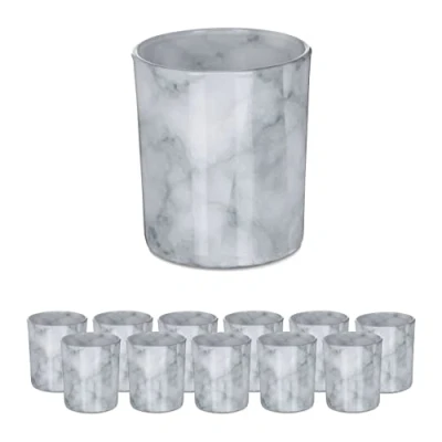 Afbeelding van Relaxdays theelichthouders set van 12, glas met marmer look, waxinelichthouders, HxØ: 8,5x7 cm, sfeerverlichting, grijs
