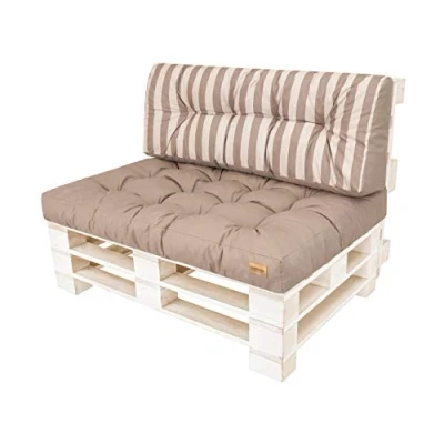Afbeelding van PillowPrim palletkussens, bekleding, tuinkussen, (set zitkussen van 120 x 80 cm + rugleuning 40 cm), beige met strepen)