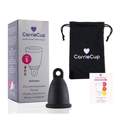 Afbeelding van CarrieCup menstruatiecup klein, Made in Germany BPA vrij, alternatief voor tampons en maandverband, siliconenvrij incl. zak zwart