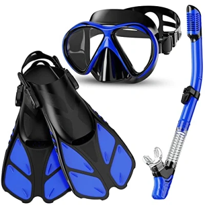 Afbeelding van Smyidel Snorkelset, duikbril met snorkel en zwemvliezen, snorkelset voor volwassenen, duikset, heren dames, duiken, snorkelen, set van 3 (Blue, ML/XL)