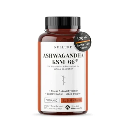 Afbeelding van Ashwagandha KSM 66 + Bioperine Nullure Vegan 600mg Angstbestrijding · Anti Stress (Cortisol) Uithoudingsvermogen Slaaphulp Maximale Absorptie 5% Withanolides 120 tabletten (2 maanden)