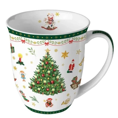 Afbeelding van Ambiente Kerstmok van fijn porselein, 0,4 liter, kerstboommotief, wit