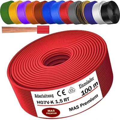 Afbeelding van MAS Premium Van 5 tot 100 m aderkabel H07 V K 1 x 1,5 mm² SW, HBL, GNGE, GN, RT, DBL, BR, OR, GR, WS, VIO, U MAR.BL of GE enkele ader flexibel (rood, m)
