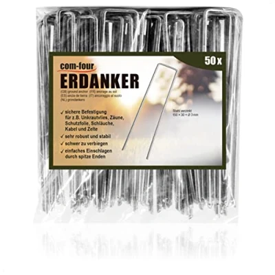 Afbeelding van COM FOUR® 50x grondankers van gecoat staal robuuste grondpennen voor het bevestigen onkruidvlies en folies tuin camping hoekig (050 stukjes 150x30x3mm)