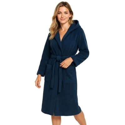 Afbeelding van Morgenstern Badjas Dames Katoen Badstof Capuchon Sauna Spa Thuis L Donkerblauw