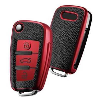 Afbeelding van OATSBASF Sleutelhoes geschikt voor Audi, autosleutelhoes A1, A3, A4, A6, Q3, Q5, Q7, S3, R8, TT, siliconen, TPU, leer, textuur, beschermhoes (P rood)
