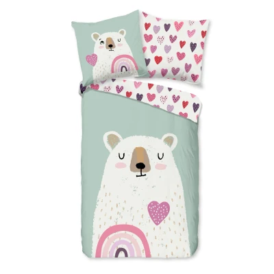 Afbeelding van Kinderdekbedovertrek 135x200 cm Beer met Hart en Regenboog Print Multi 1 Persoons 100% Katoen Flanel