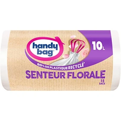 Afbeelding van Handy Bag Afvalzakken voor badkamer met schuifgrepen bloemengeur 10L x 15 zakken Geschikt kleine vuilnisbakken Maximale waterdichtheid Lekvrije bodem 100% gerecycled kunststof